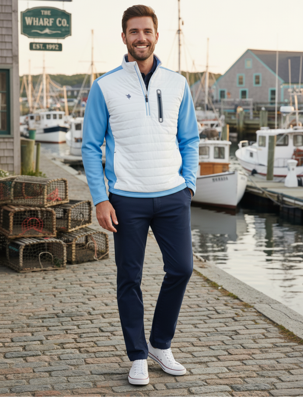 White Water Hampton Pullover, White/Light Blue