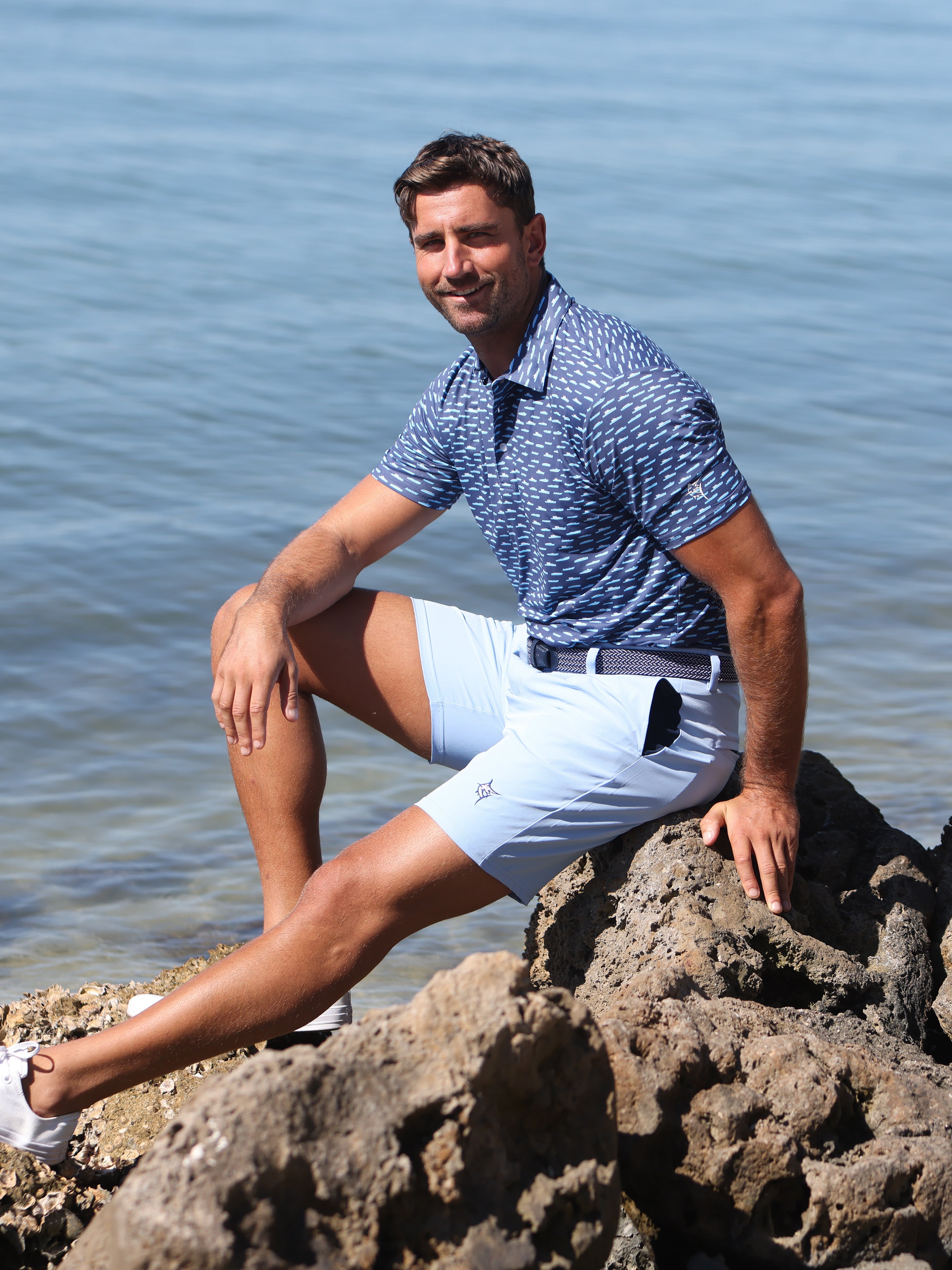 White Water Boat Print Polo, Navy