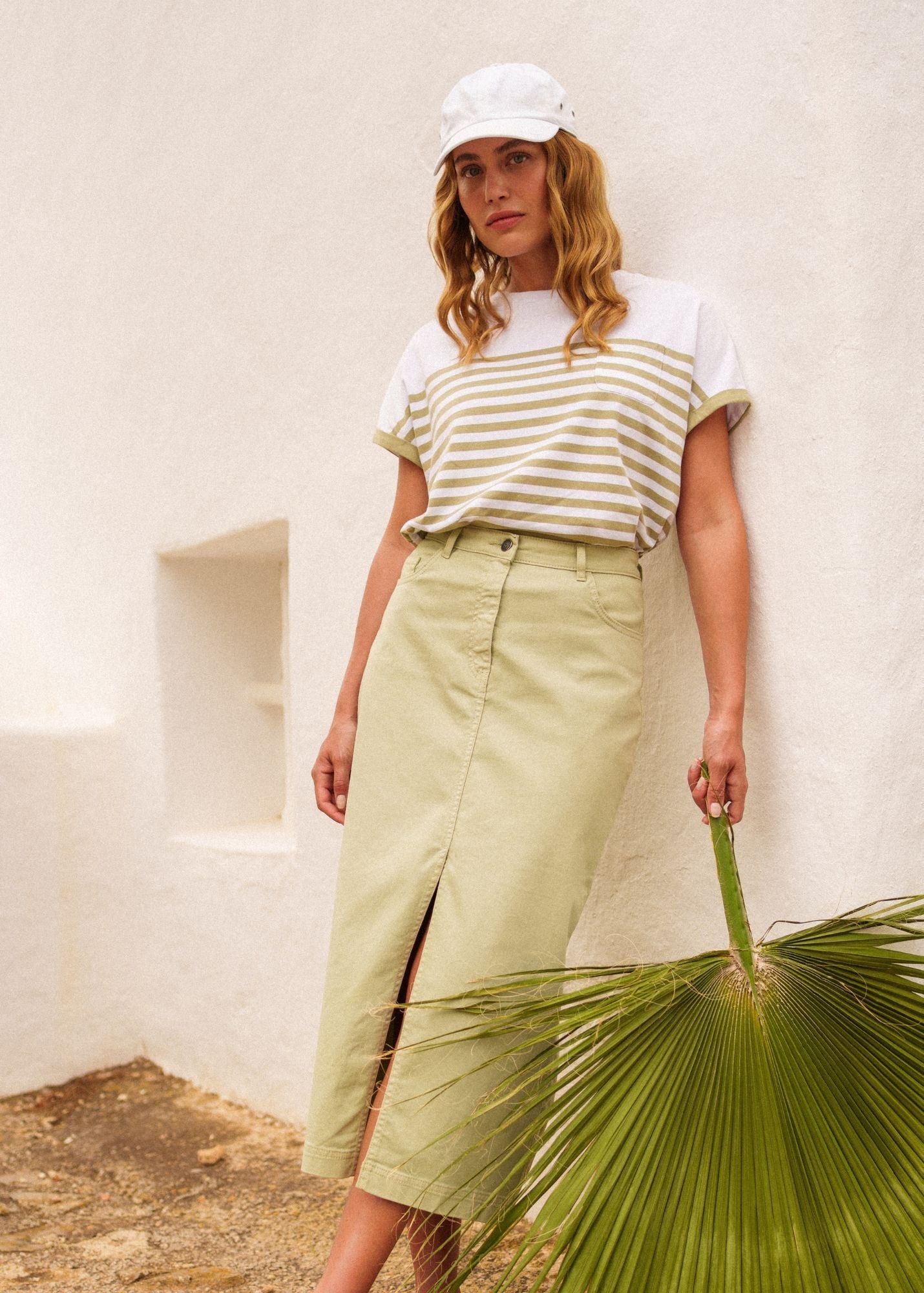 Saint James Julia High Waist Midi Length Skirt With Front Slit Soft Almond