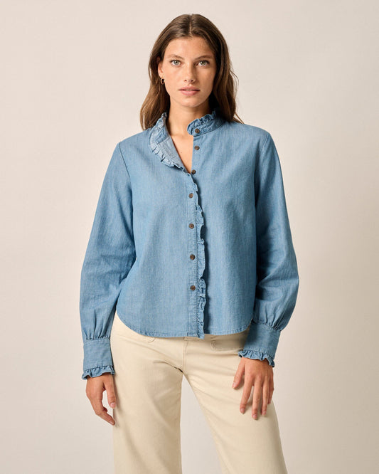 Johnnie-O Layla Ruffled Chambray Blouse