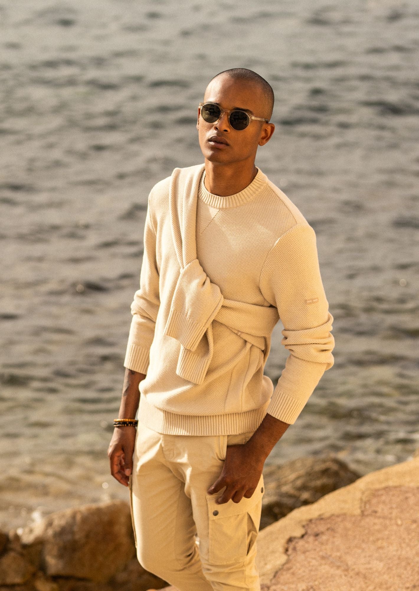 Saint James Jobourg Cotton Sweater In Moss Stitch For Men Oatmeal
