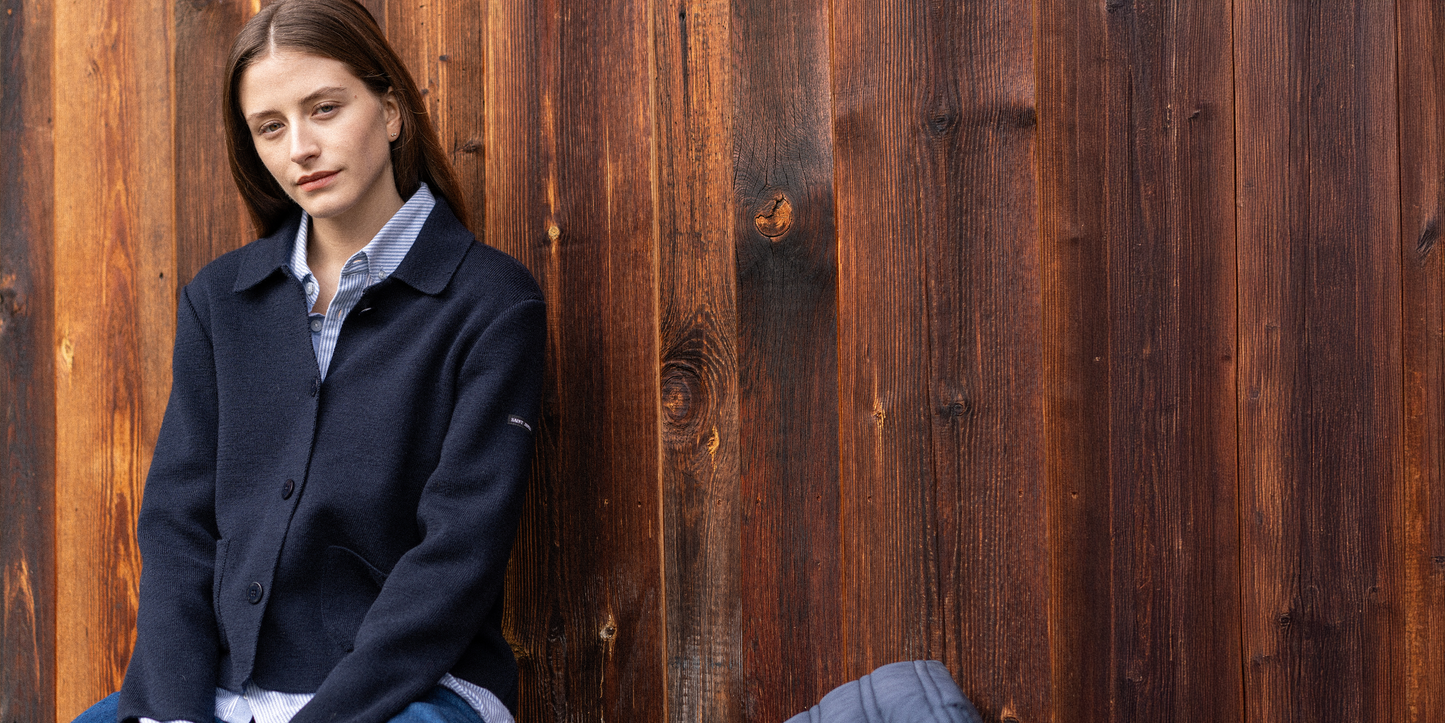 Saint James LA PLAGNE - Fine Rib Knit Buttoned Jacket for Women | 100% Wool (NAVY)