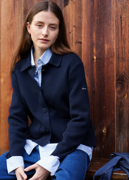 LA PLAGNE - Fine Rib Knit Buttoned Jacket for Women | 100% Wool (NAVY)