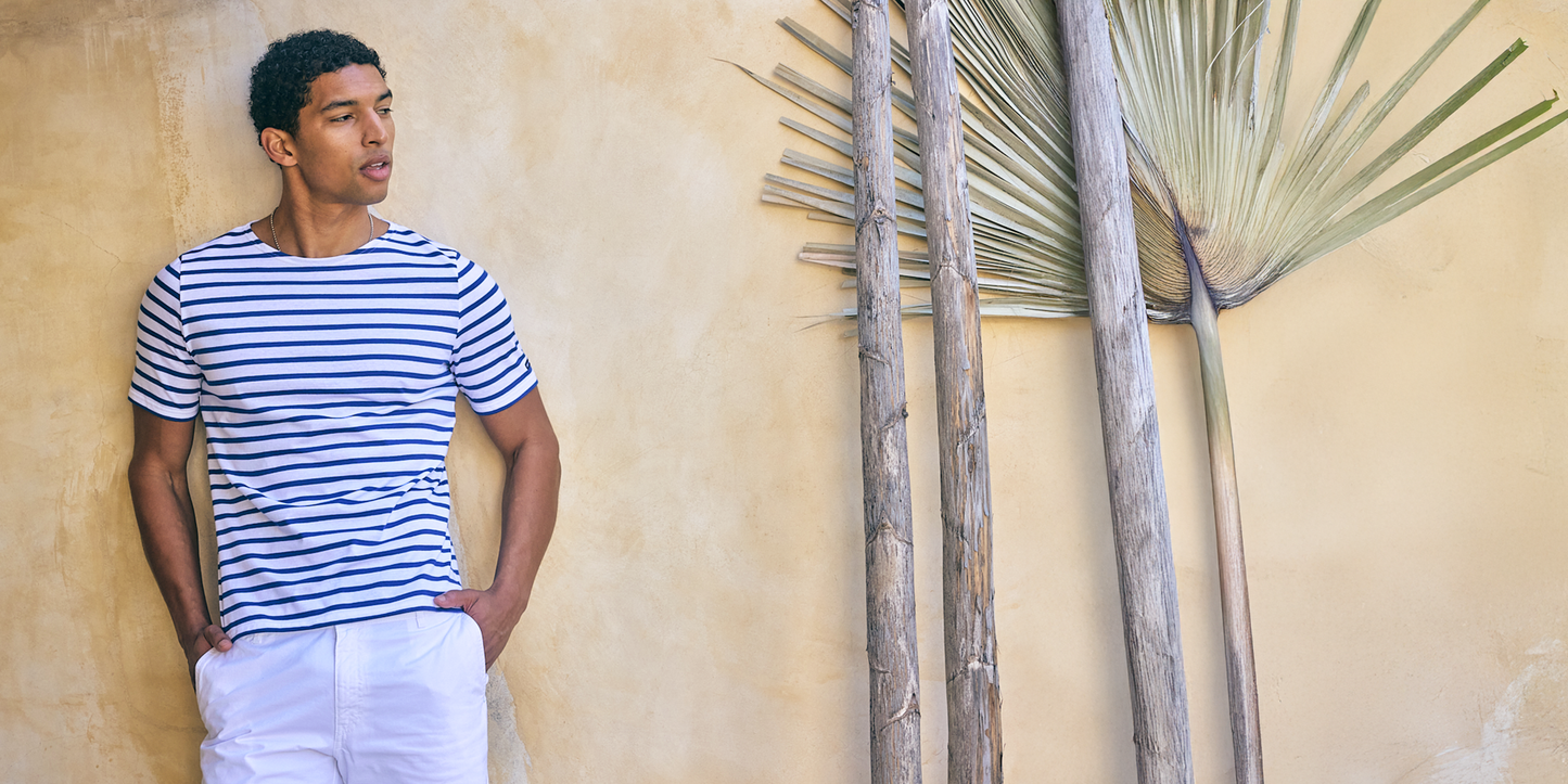 Saint James LEVANT MODERN - Breton Stripe Short Sleeve Shirt | Soft Cotton | Unisex Fit (WHITE / ROYAL BLUE)