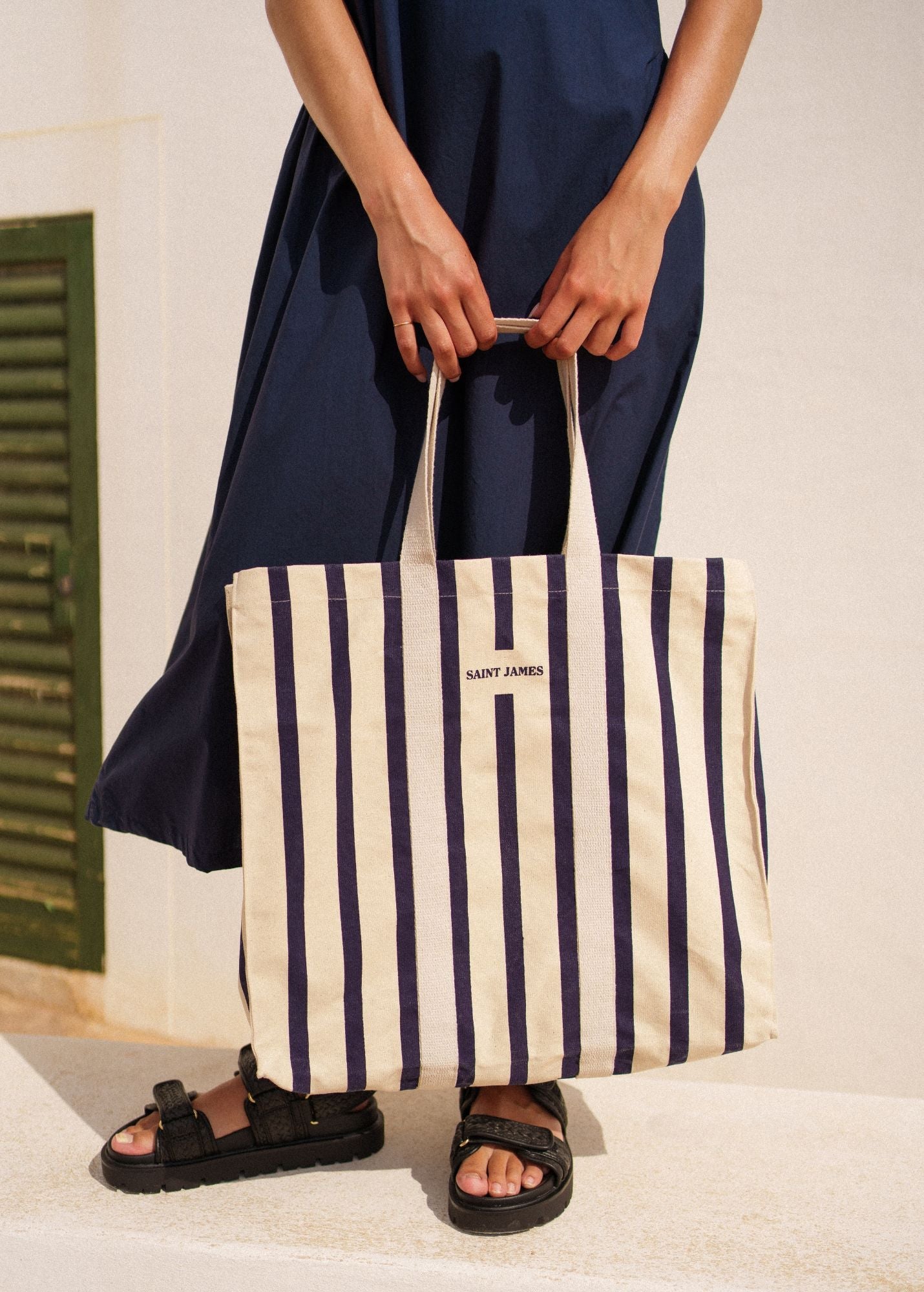 Saint James LE GRAND TOTE Oversized Striped Tote Bag (ECRU / NAVY)