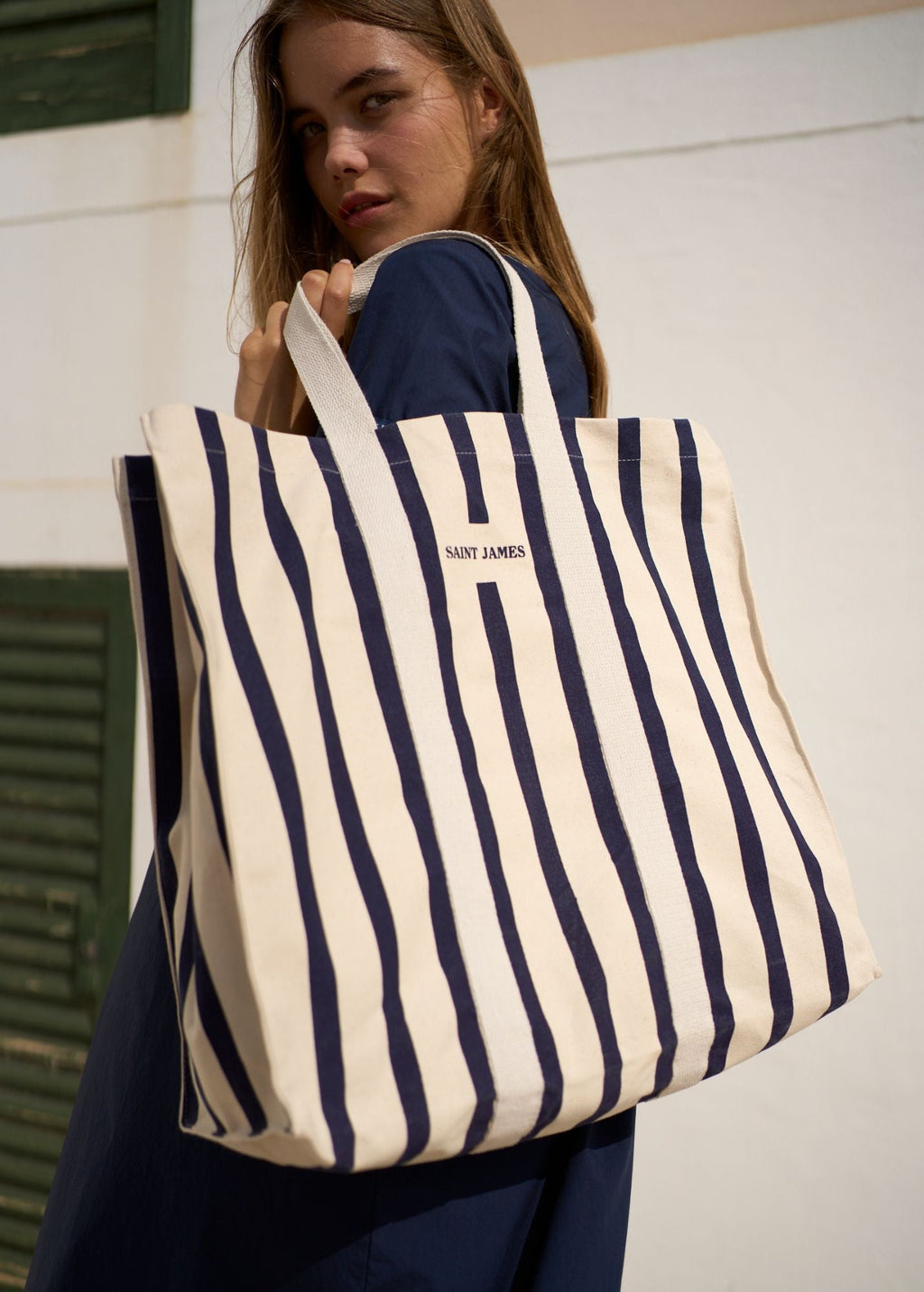 Saint James LE GRAND TOTE Oversized Striped Tote Bag (ECRU / NAVY)