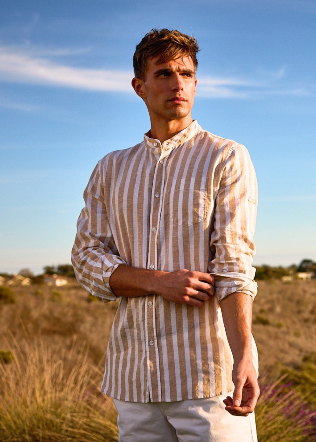 Saint James LIAM Striped Linen & Cotton Shirt (WHITE / BEIGE)