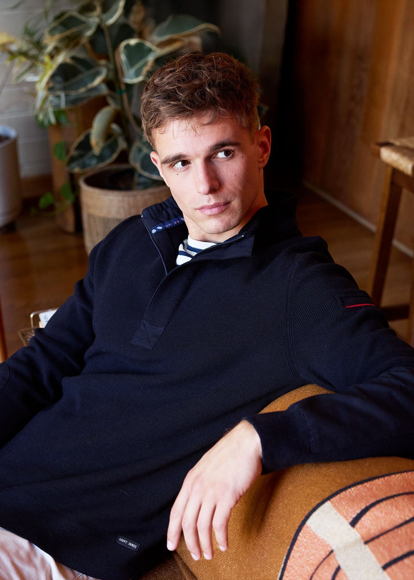 Saint James LOUP DE MER II - Quarter Zip Sweater with Forearm Canvas Trim For Men| 100% Wool (NAVY)