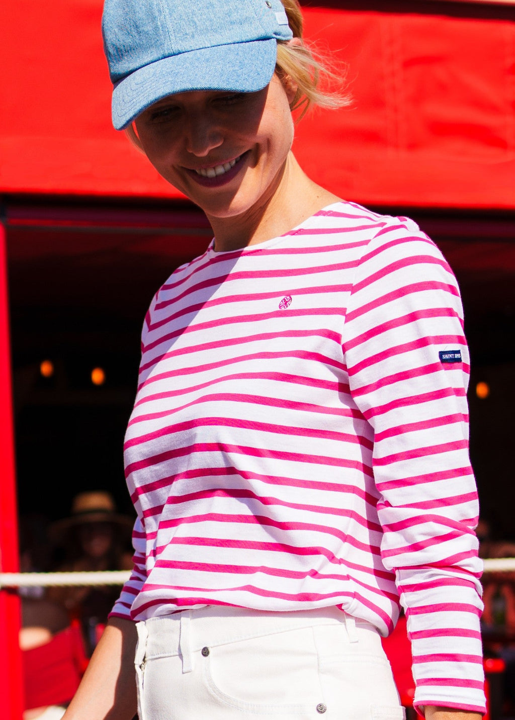 Saint James Lilly Pulitzer x MINQUIDAME - Long-Sleeve Breton Striped Shirt with Lilly Logo Embroidery | Soft Cotton | Women Fit (WHITE / NEON PINK)