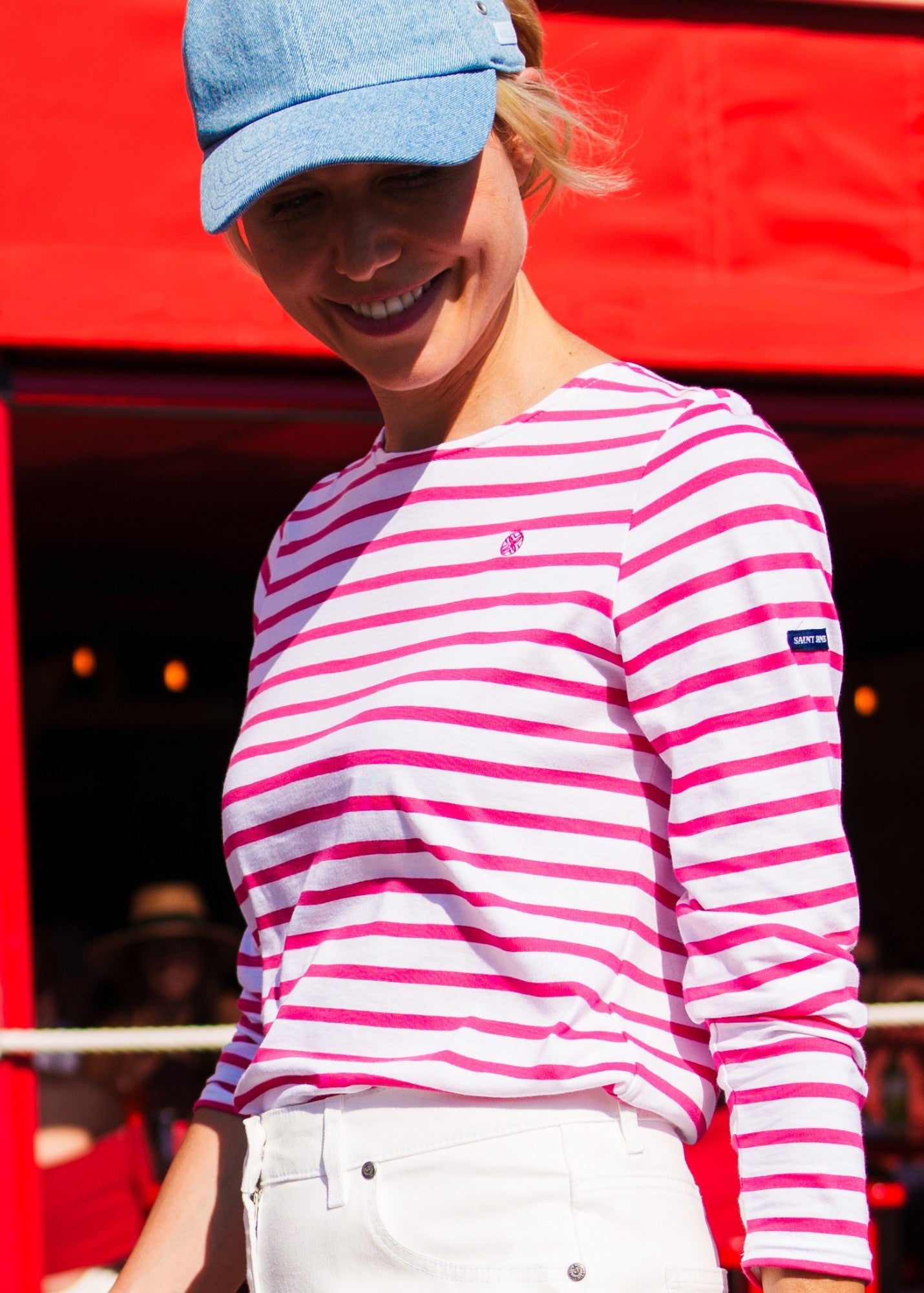 Saint James Lilly Pulitzer x MINQUIDAME - Long-Sleeve Breton Striped Shirt with Lilly Logo Embroidery | Soft Cotton | Women Fit (WHITE / NEON PINK)