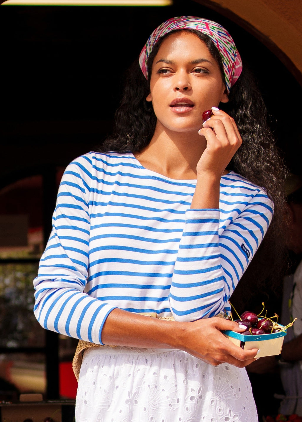 Saint James Lilly Pulitzer x MINQUIDAME - Breton Striped Shirt with Lilly Logo Embroidery | Soft Cotton | Women Fit (WHITE / MER BLUE)