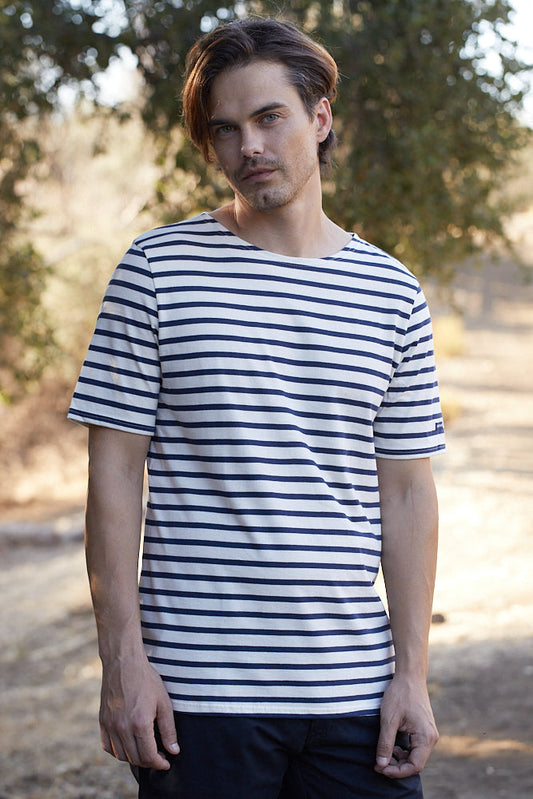 Saint James Levant Modern Breton Stripe Short Sleeve Shirt Soft Cotton Unisex Fit Ecru Navy