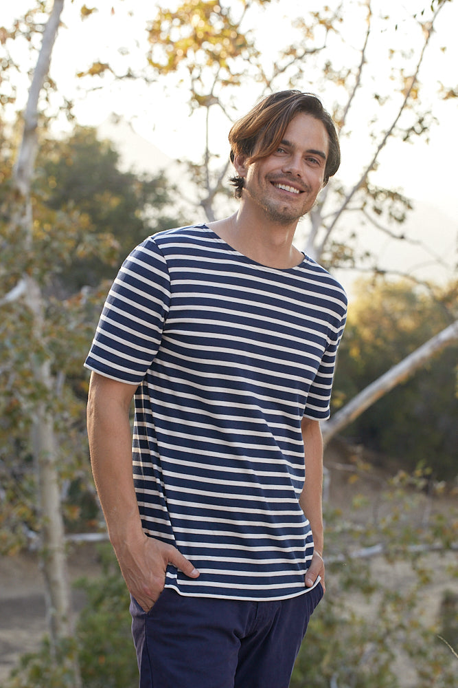 Saint James Levant Modern Breton Stripe Short Sleeve Shirt Soft Cotton Unisex Fit Navy Ecru