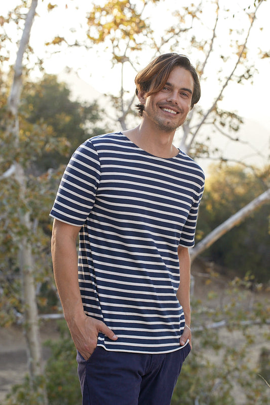 Saint James Levant Modern Breton Stripe Short Sleeve Shirt Soft Cotton Unisex Fit Navy Ecru