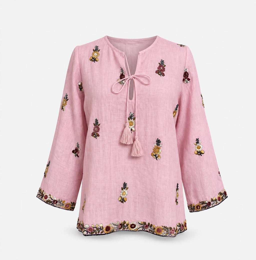 Calypso St Barth Seena Linen Hand Embroidered Top