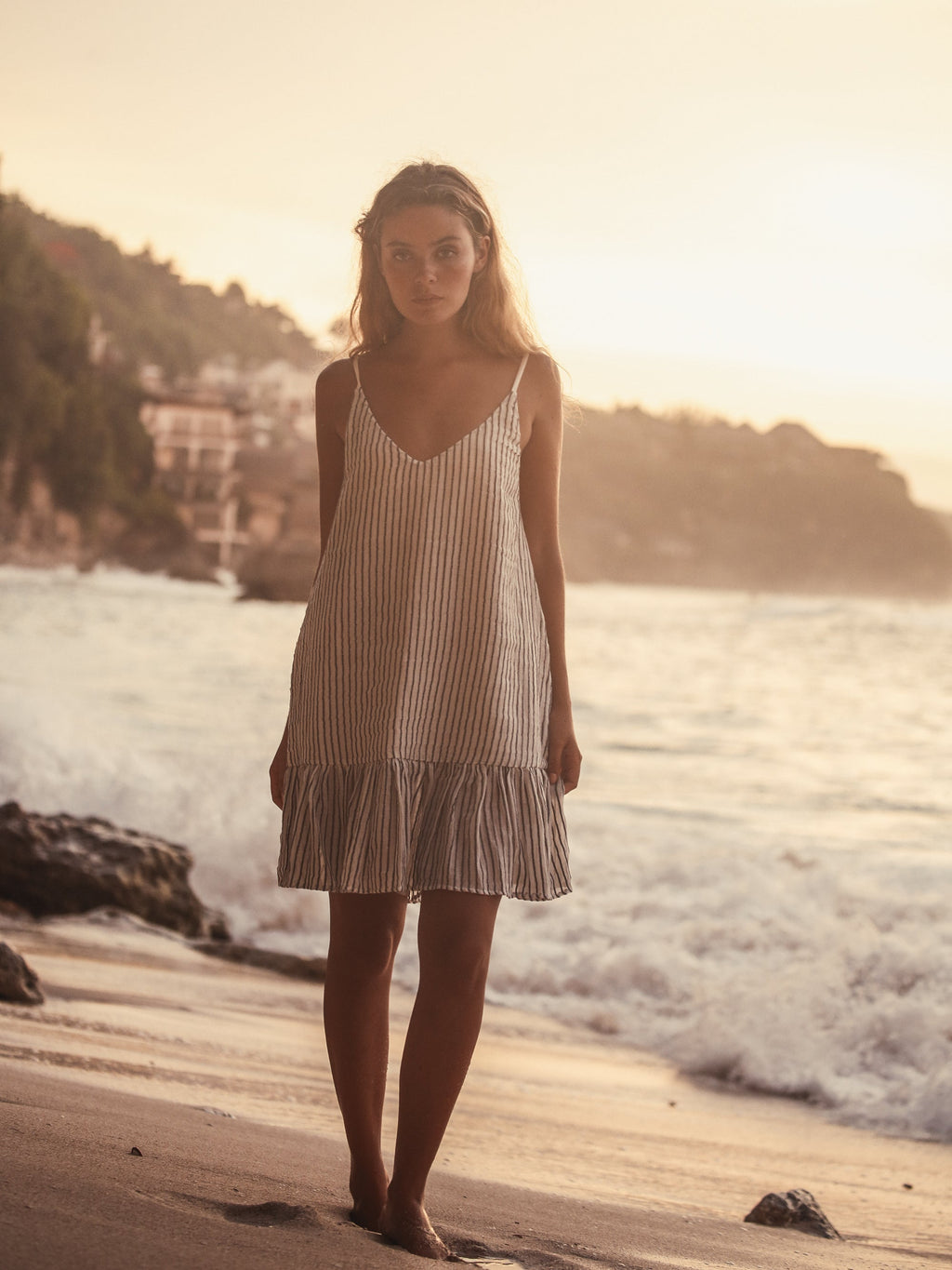 The Handloom Liv Mini Ruffle Dress Black Stripes