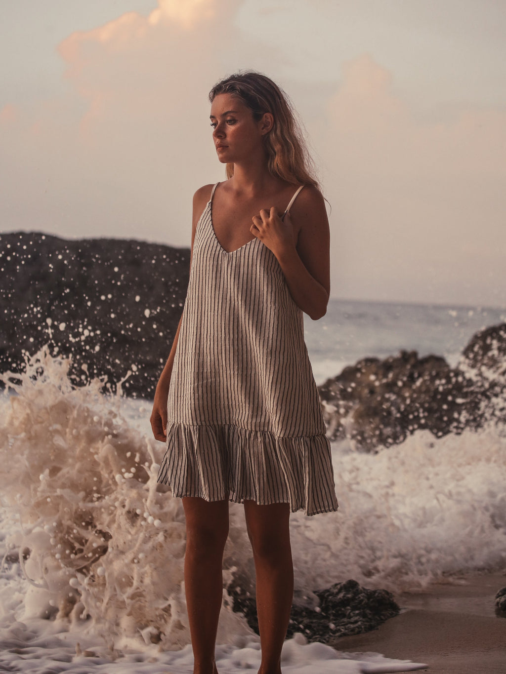 The Handloom Liv Mini Ruffle Dress Black Stripes