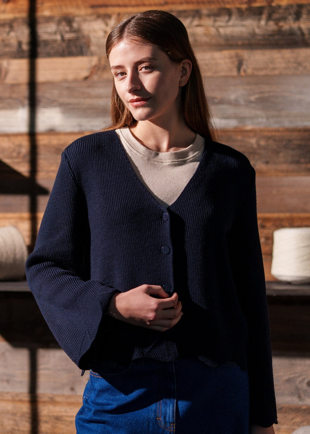 Saint James LES MENUIRES - Flared Sleeve and Angled Hem Cardigan  (NAVY)