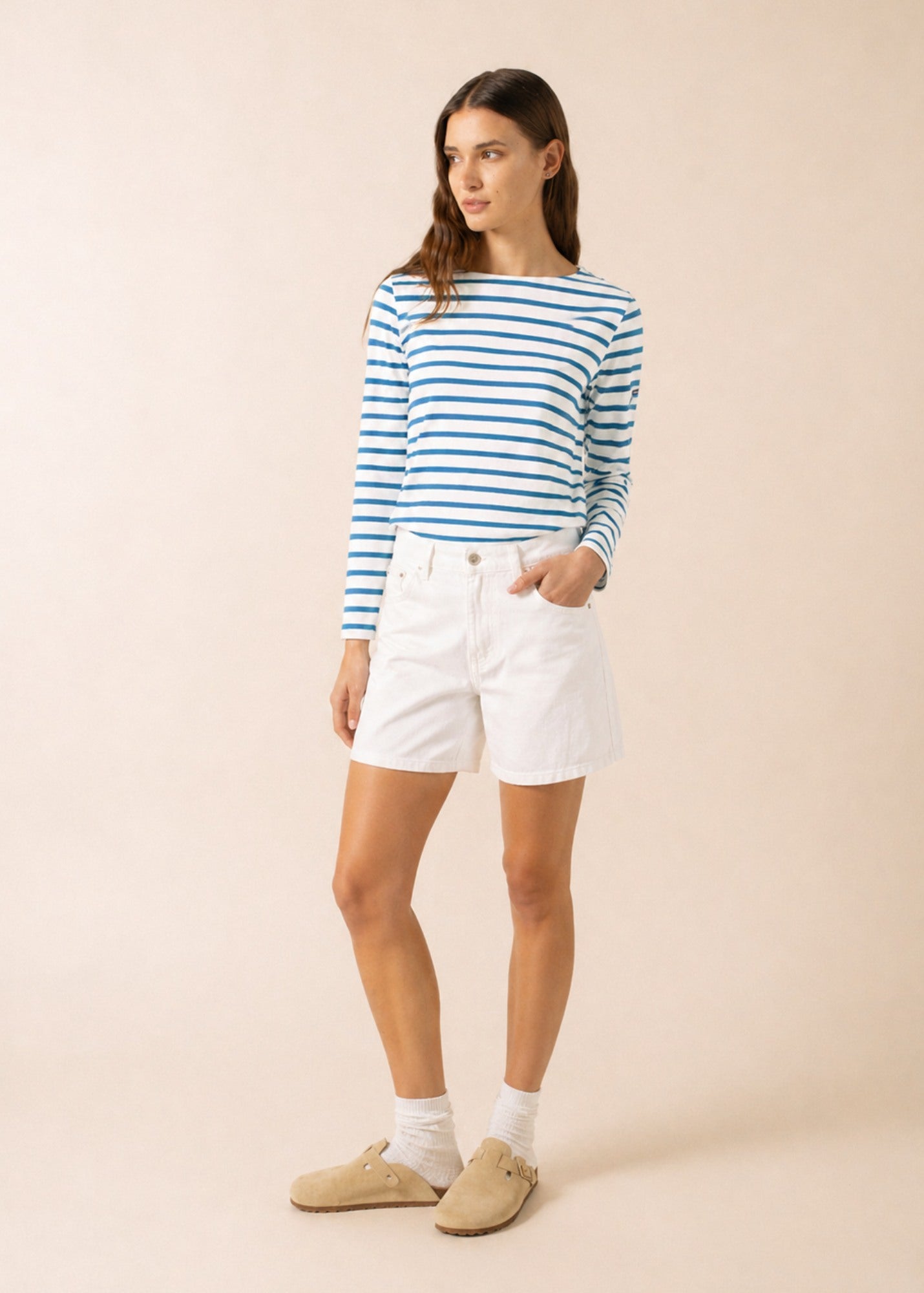 Saint James MERIDAME II Breton Shirt (WHITE / CAPRI BLUE)
