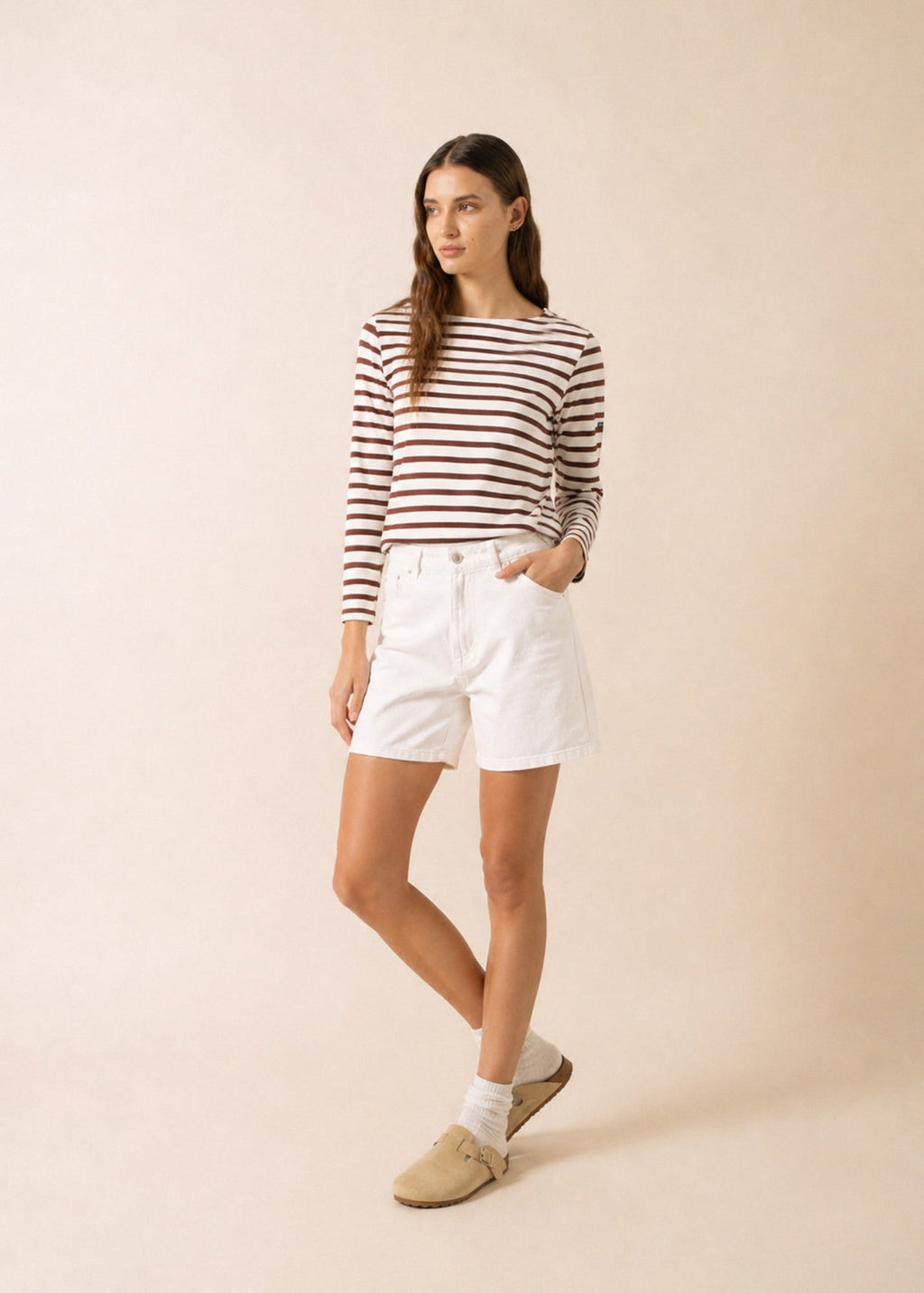 Saint James MERIDAME II Breton Shirt (WHITE / CHOCOLATE)