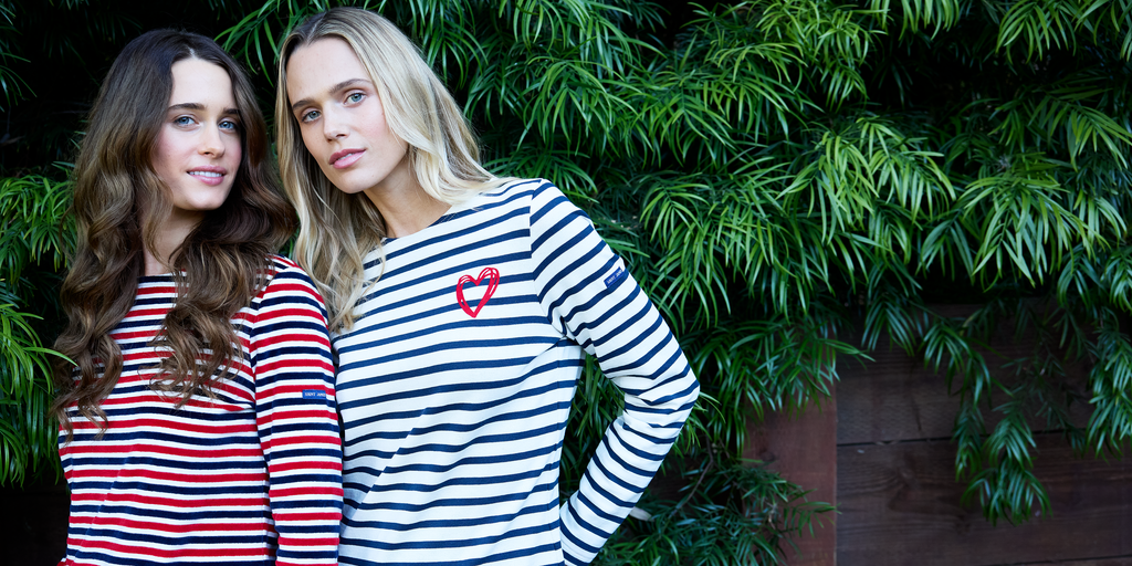 Saint James MERIVELOURS TRICOLOR - Fancy Breton Top with Velvet Stripes (IVORY / NAVY / RED)