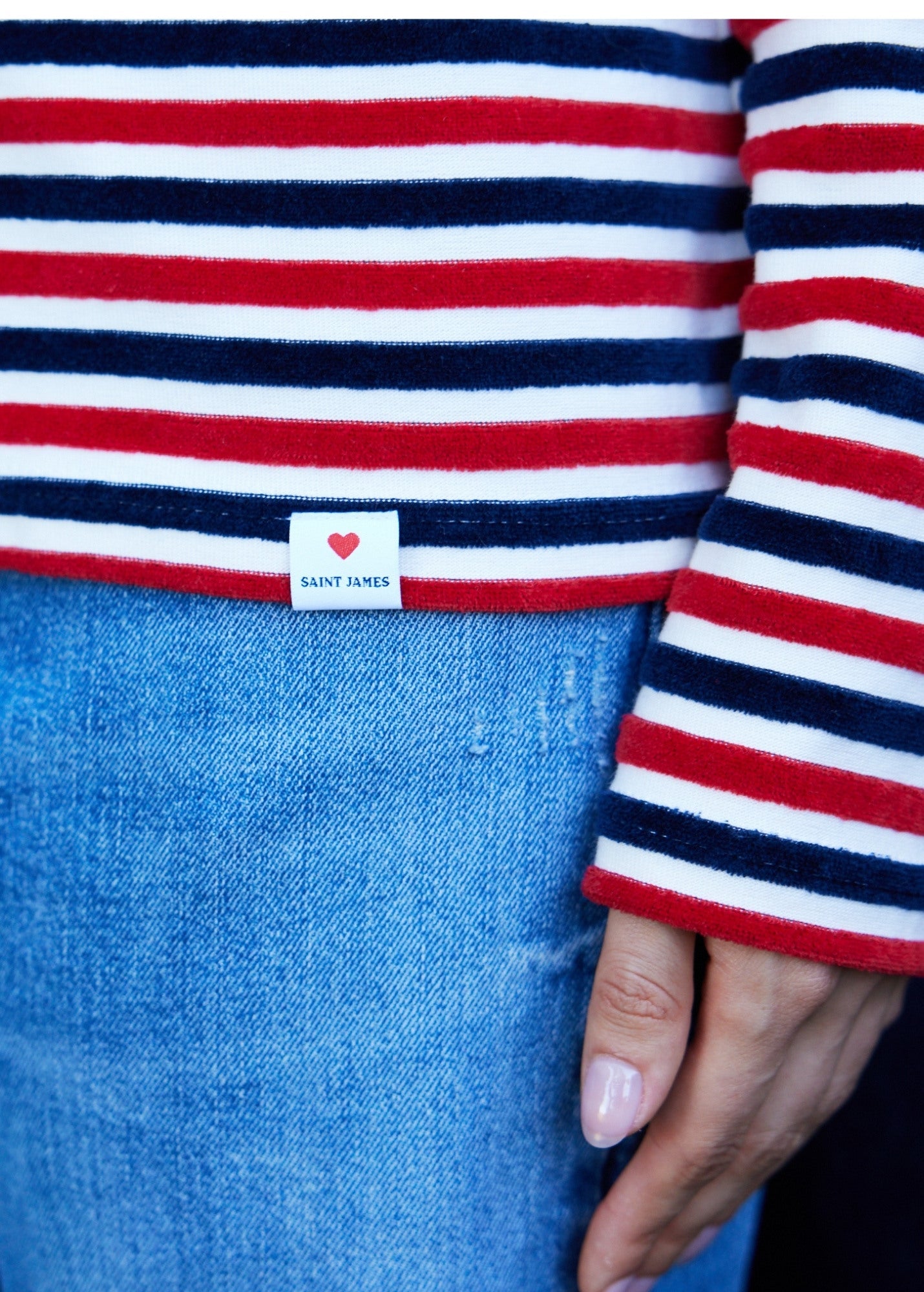 Saint James MERIVELOURS TRICOLOR - Fancy Breton Top with Velvet Stripes (IVORY / NAVY / RED)