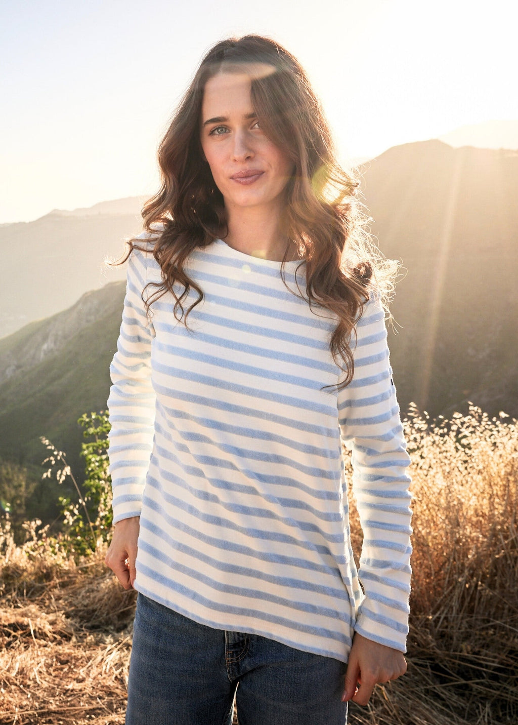 Saint James MERIVELOURS - Fancy Breton Top with Velvet Stripes (IVORY / ICY BLUE)