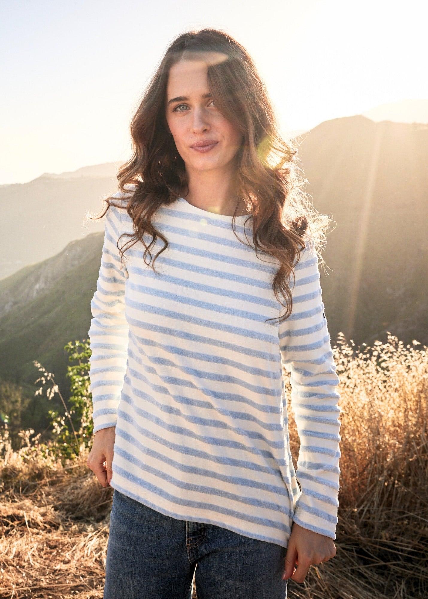 Saint James MERIVELOURS - Fancy Breton Top with Velvet Stripes (IVORY / ICY BLUE)