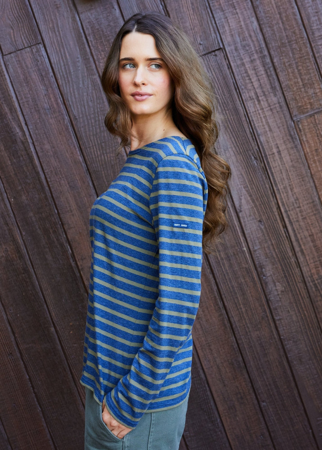 Saint James MINQUIDAME - Breton Striped Shirt with Long Sleeve | Soft Cotton | Women Fit (DENIM BLUE / OLIVE GREEN)