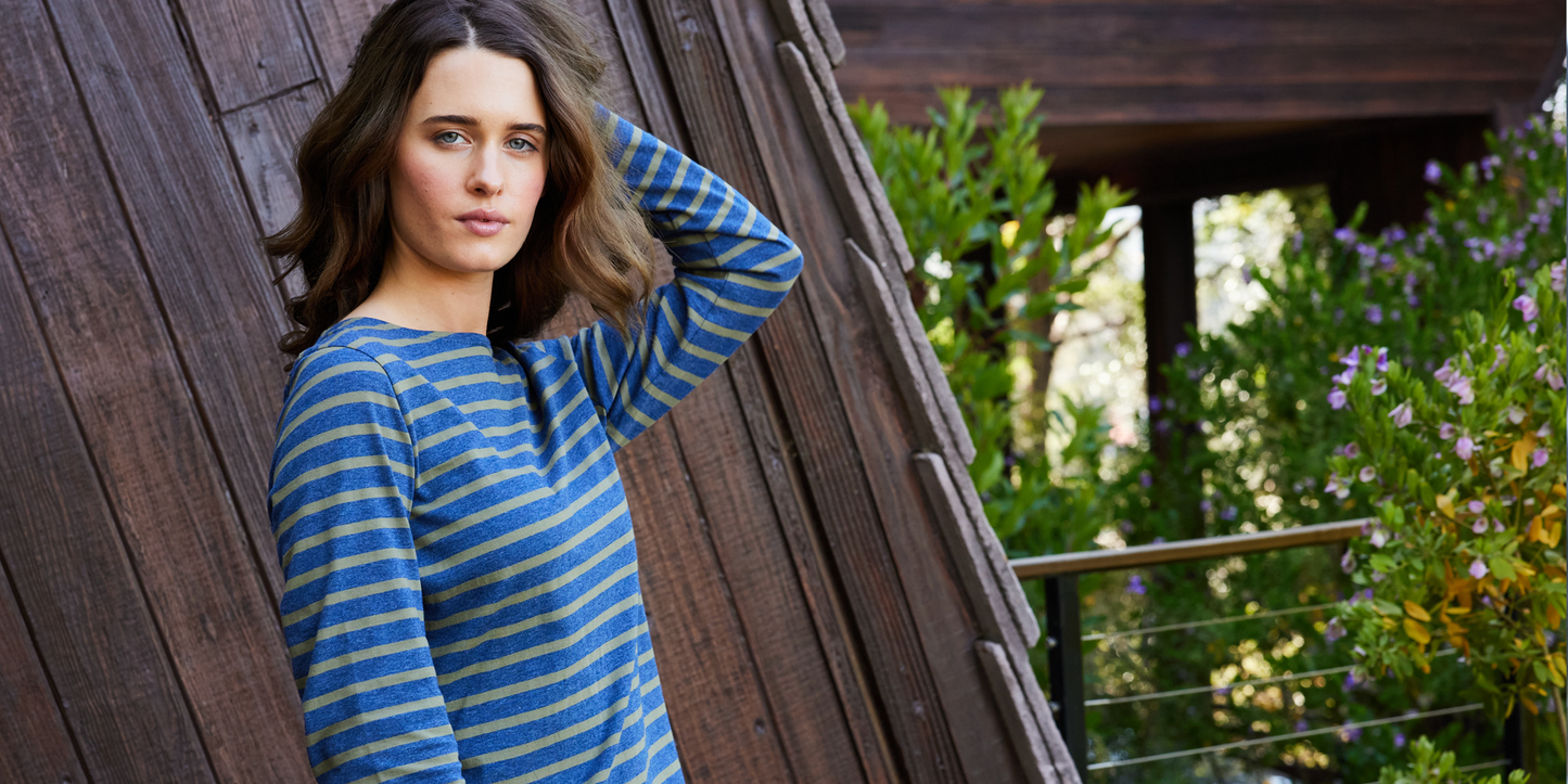 Saint James MINQUIDAME - Breton Striped Shirt with Long Sleeve | Soft Cotton | Women Fit (DENIM BLUE / OLIVE GREEN)
