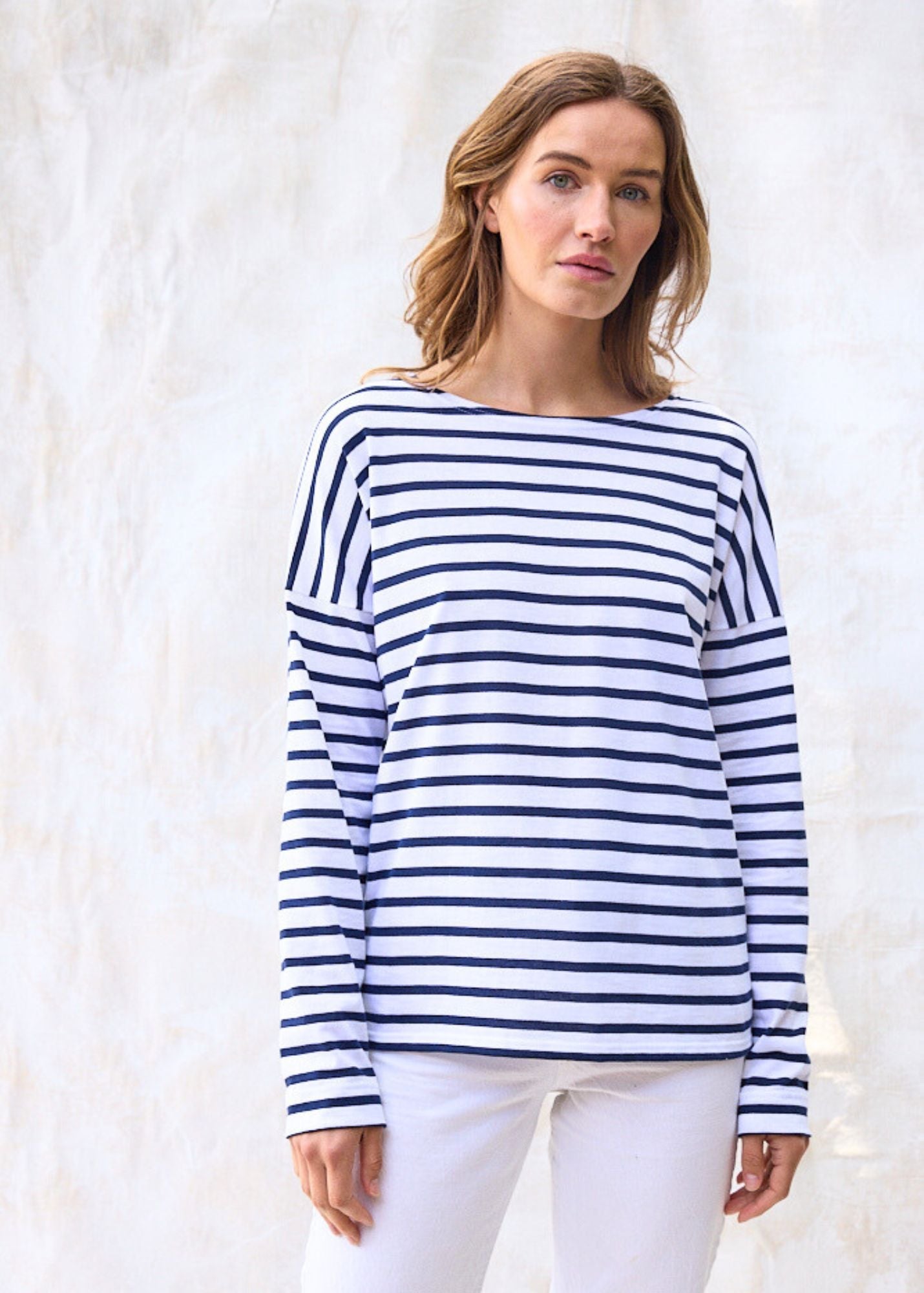 Saint James MINQUIERS DROP II - Drop-Shoulder Breton Striped Shirt | Soft Cotton | Straight Fit (WHITE / NAVY)