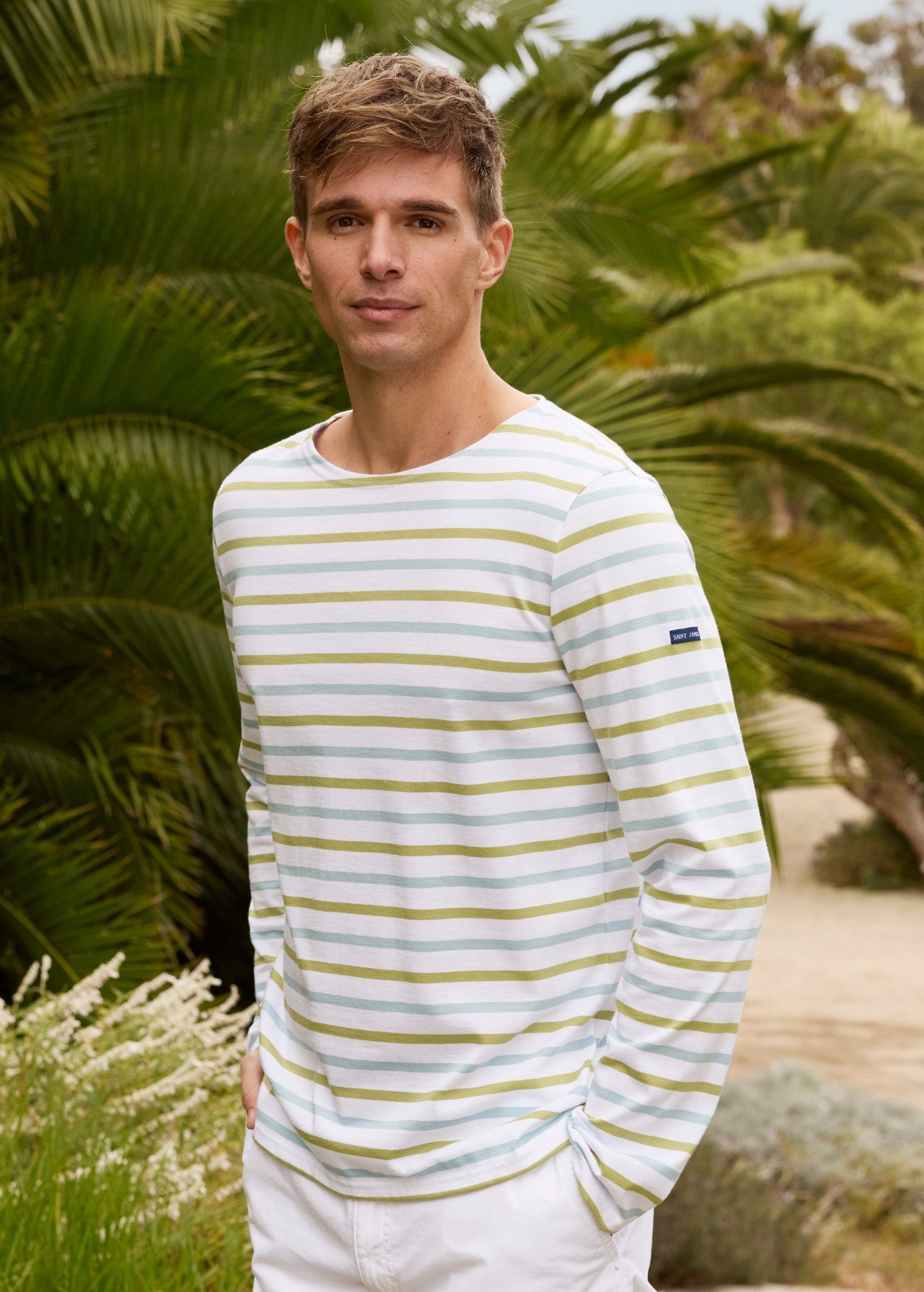 Minquiers Modern Tri-Color Breton Shirt (WHITE / SKYLIGHT BLUE / SAGE OLIVE)