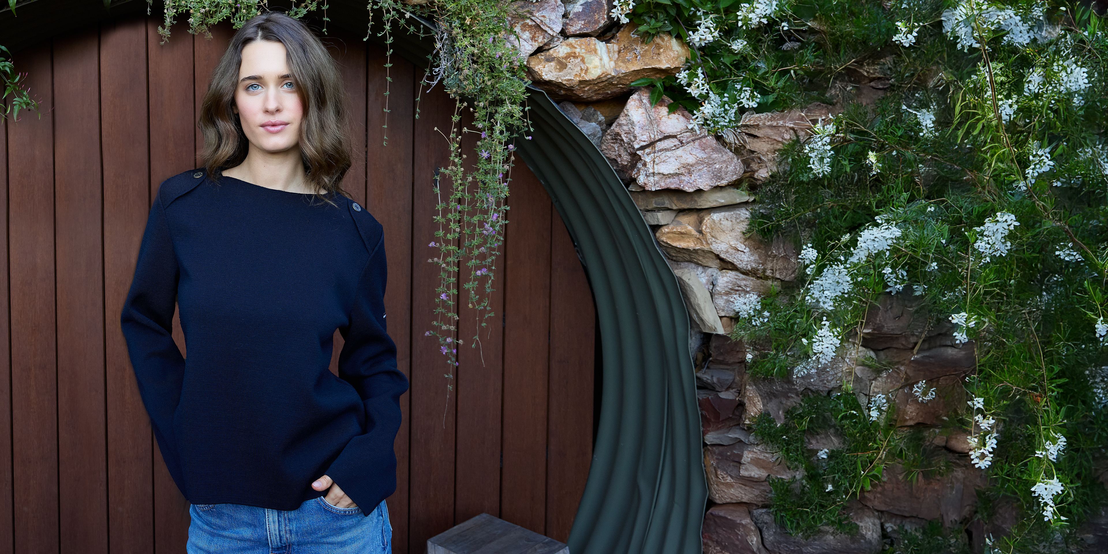 Saint James MODANE - Ponte Knit Wool Sweater with Shoulder Accents (NAVY)