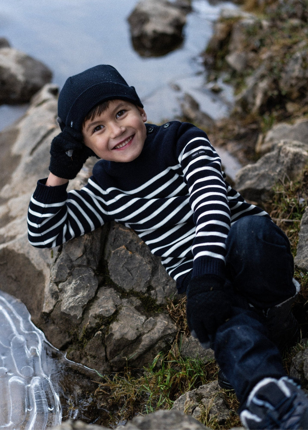 Saint James MOUSSAILLON KIDS - Striped Sailor Sweater With Buttons  for Kids | Blended Wool (NAVY / IVORY)
