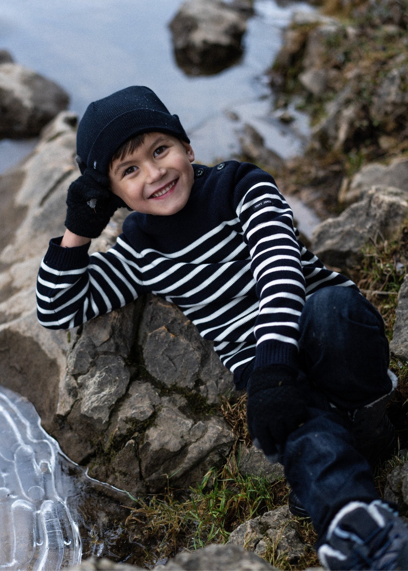 Saint James MOUSSAILLON KIDS - Striped Sailor Sweater With Buttons  for Kids | Blended Wool (NAVY / IVORY)