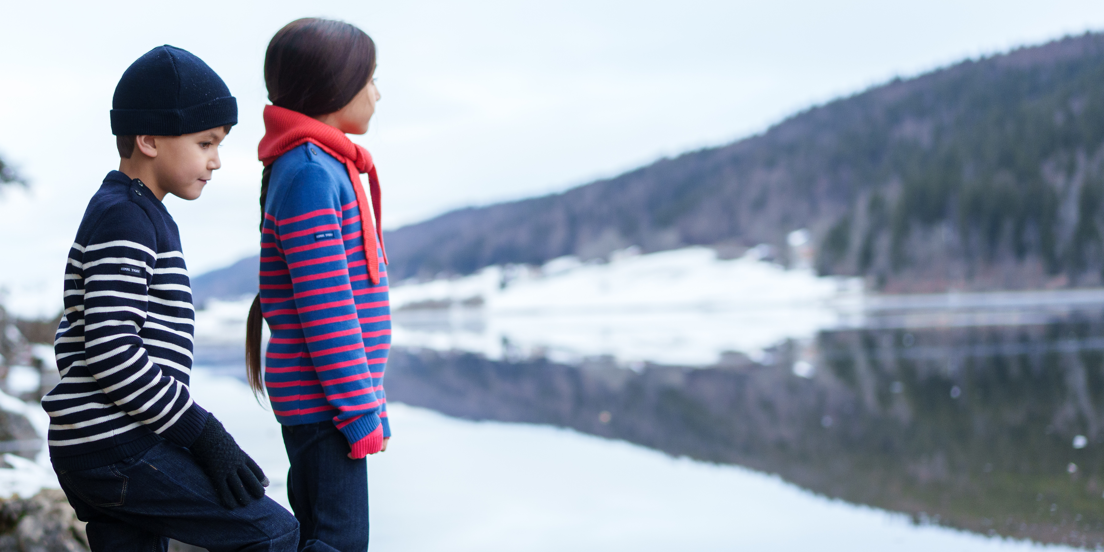 Saint James MOUSSAILLON KIDS - Striped Sailor Sweater With Buttons  for Kids | Blended Wool (DENIM BLUE / CORAL)