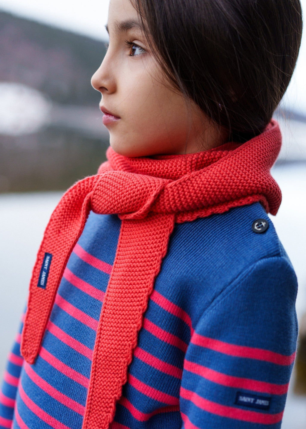 Saint James MOUSSAILLON KIDS - Striped Sailor Sweater With Buttons  for Kids | Blended Wool (DENIM BLUE / CORAL)