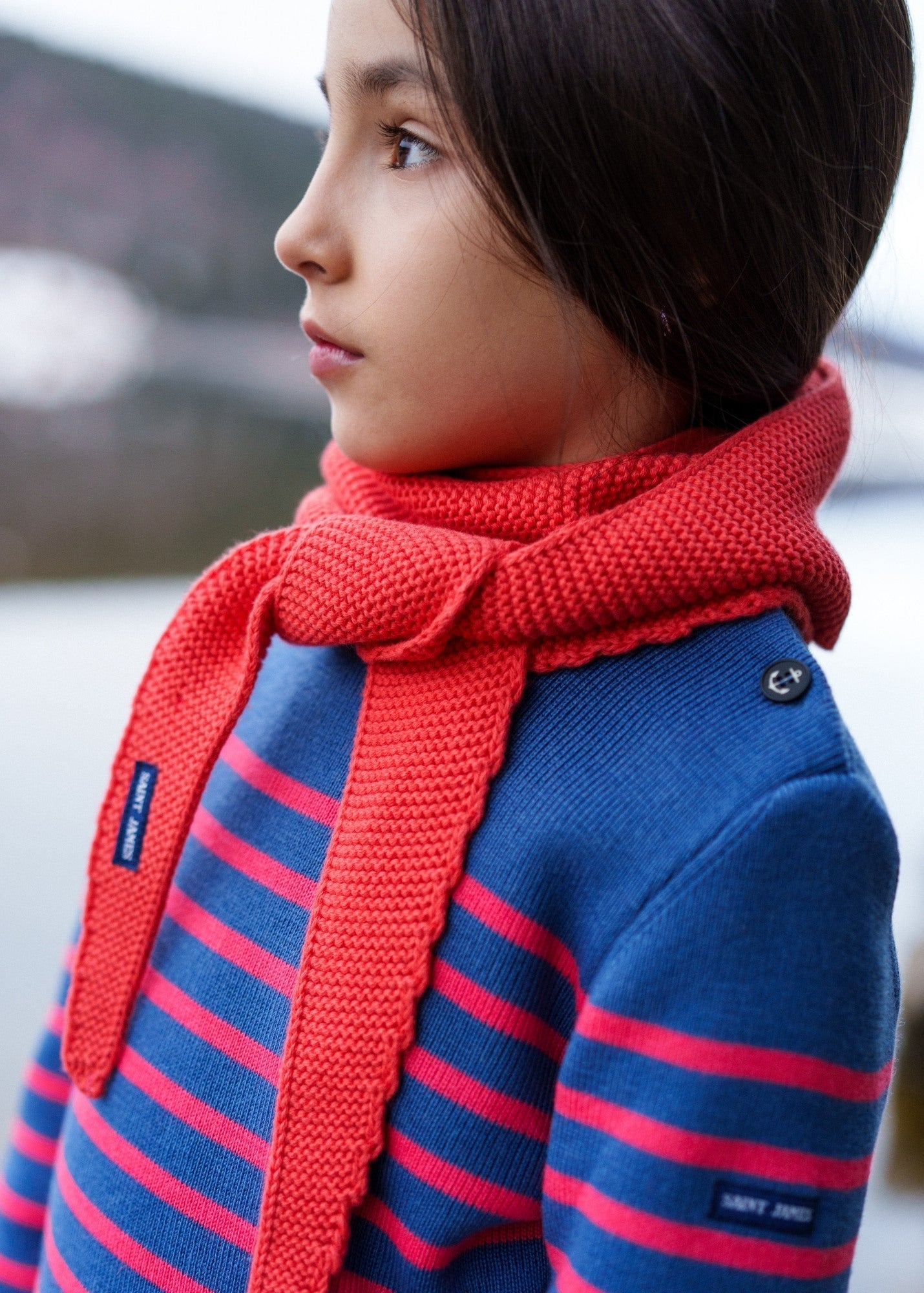 Saint James MOUSSAILLON KIDS - Striped Sailor Sweater With Buttons  for Kids | Blended Wool (DENIM BLUE / CORAL)