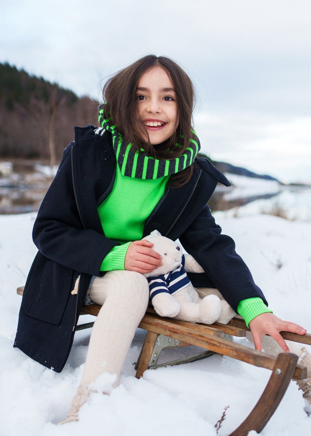 Saint James STRIPED SCARF – 100% Wool (GRAY / NEON GREEN)