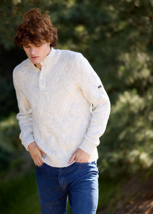 Saint James NEUCHATEL - 1/4 Buttoned, High-Collar Sweater with Structured Knit (LIGHT GRAY MELANGE)