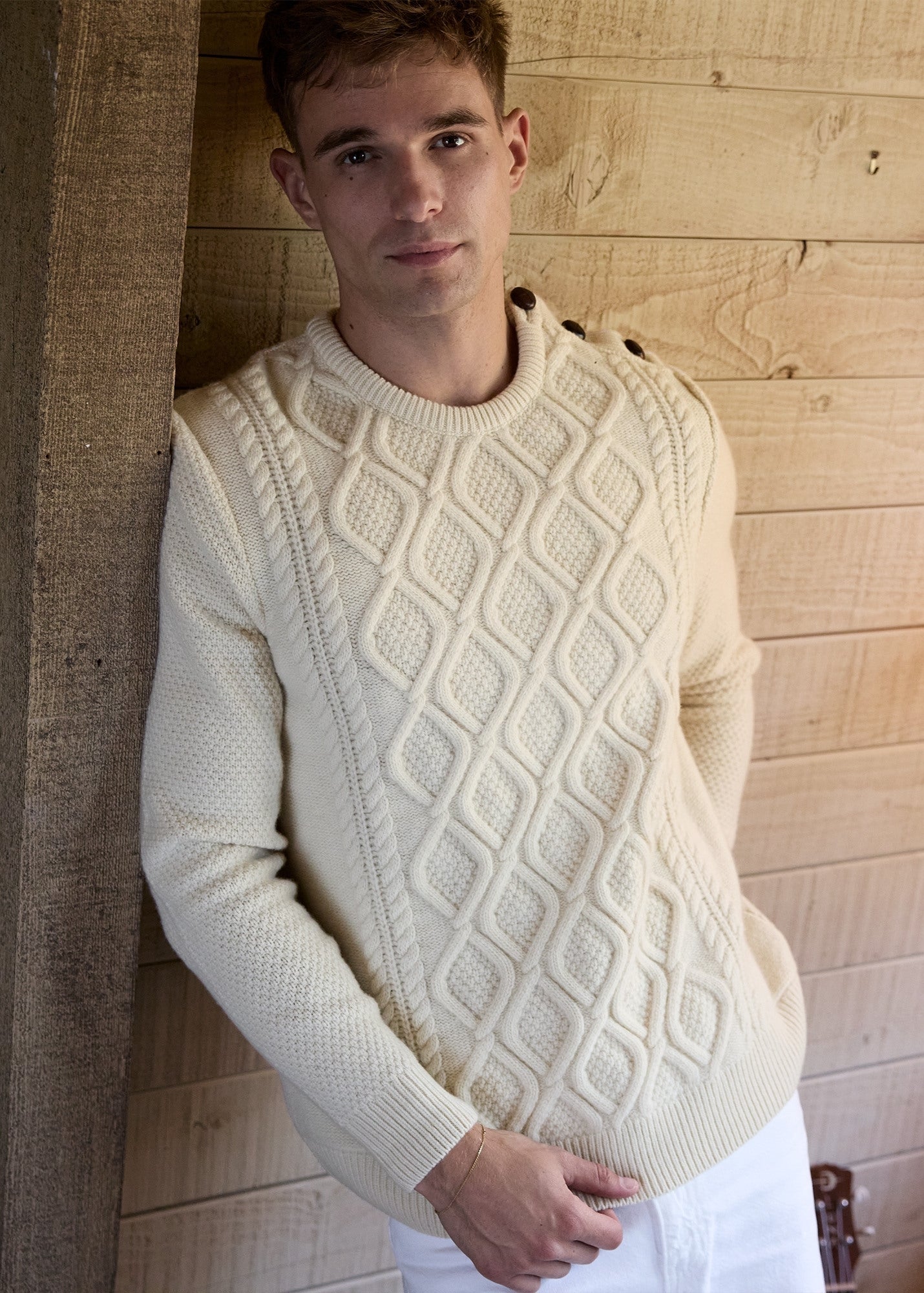 Saint James NYON - Cable Knit Sweater with Leather Buttons for Men (WINTER WHITE)