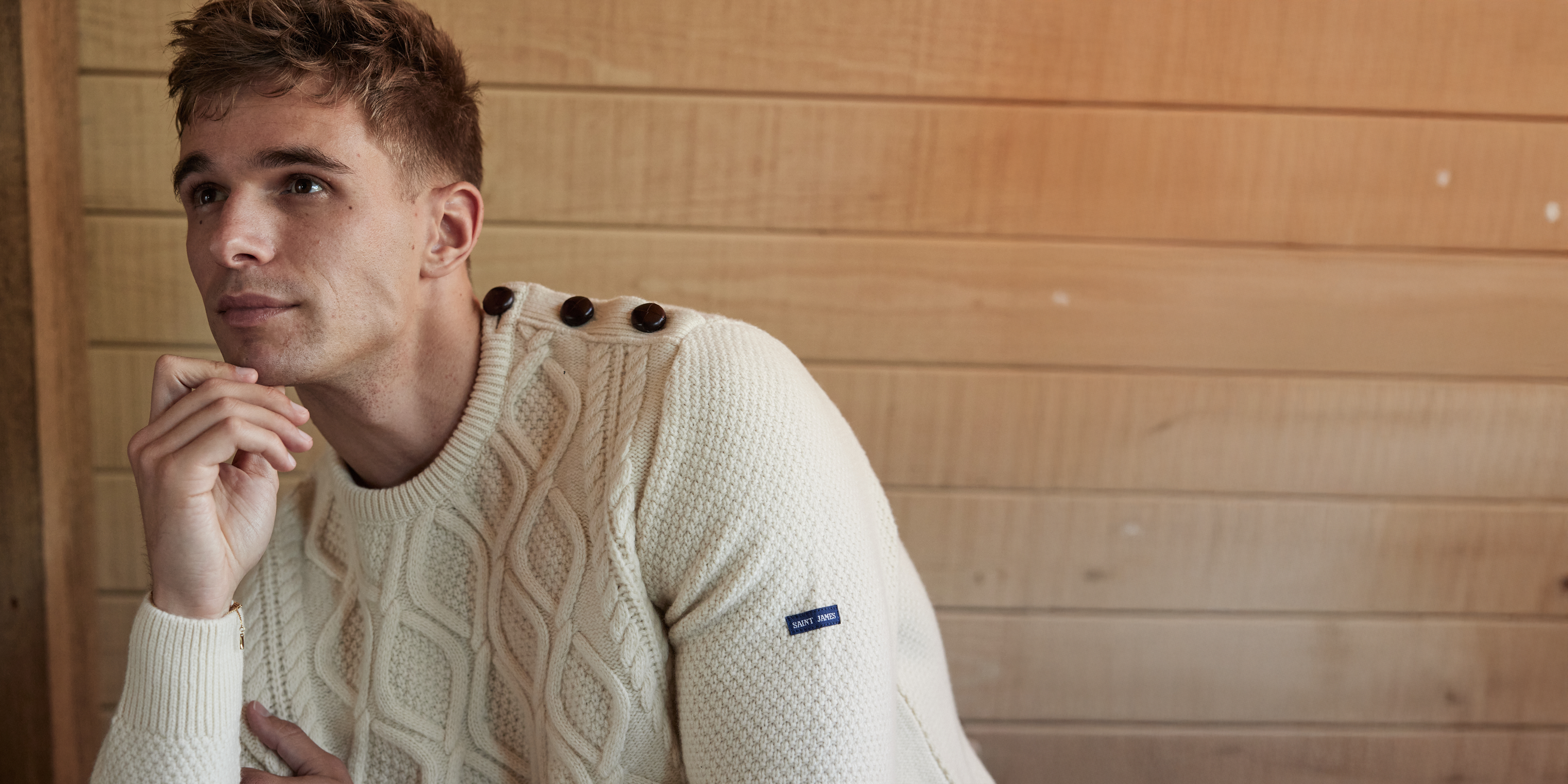 Saint James NYON - Cable Knit Sweater with Leather Buttons for Men (WINTER WHITE)