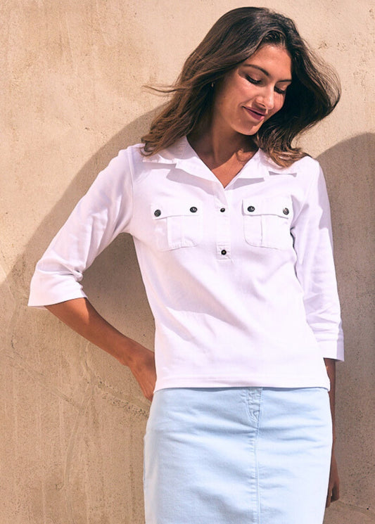 Saint James Oleron Polo Shirt With ¾ Sleeve 100% Cotton Comfort Fit White