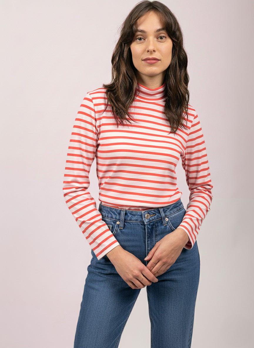 Saint James OURAL - Turtleneck Striped Shirt for Women | Stretch Fabric | Women Fit (WHITE / CORAL)
