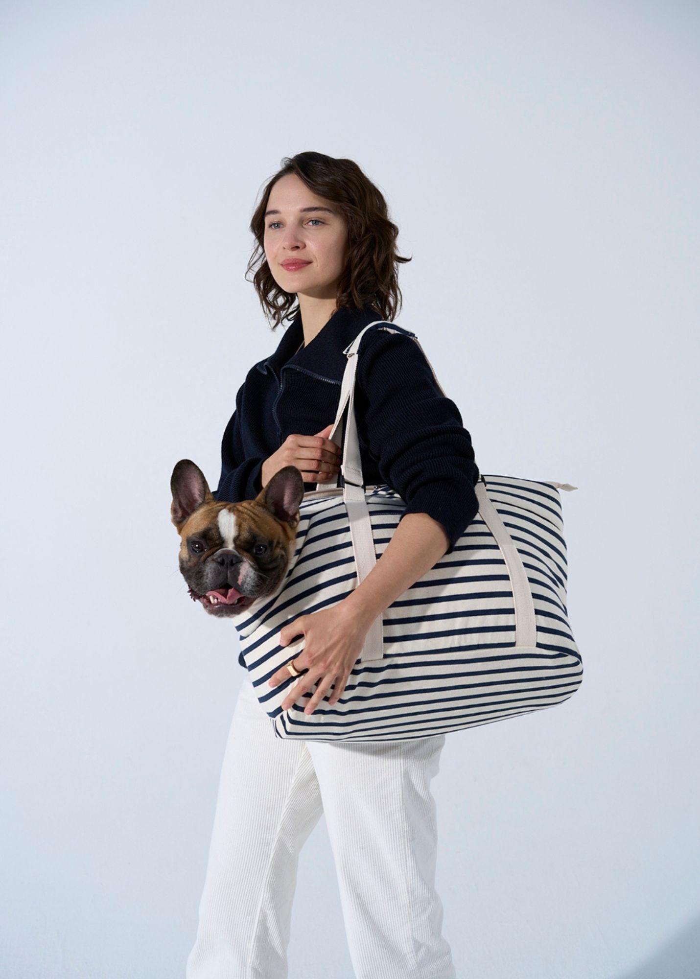 Saint James PARISIAN PUP CARRIER - Striped Travel Bag for Dogs | 100% Cotton (ECRU / NAVY)
