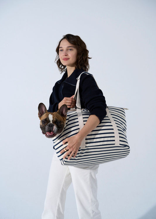 Saint James Parisian Pup Carrier Striped Travel Bag For Dogs 100% Cotton Ecru Navy