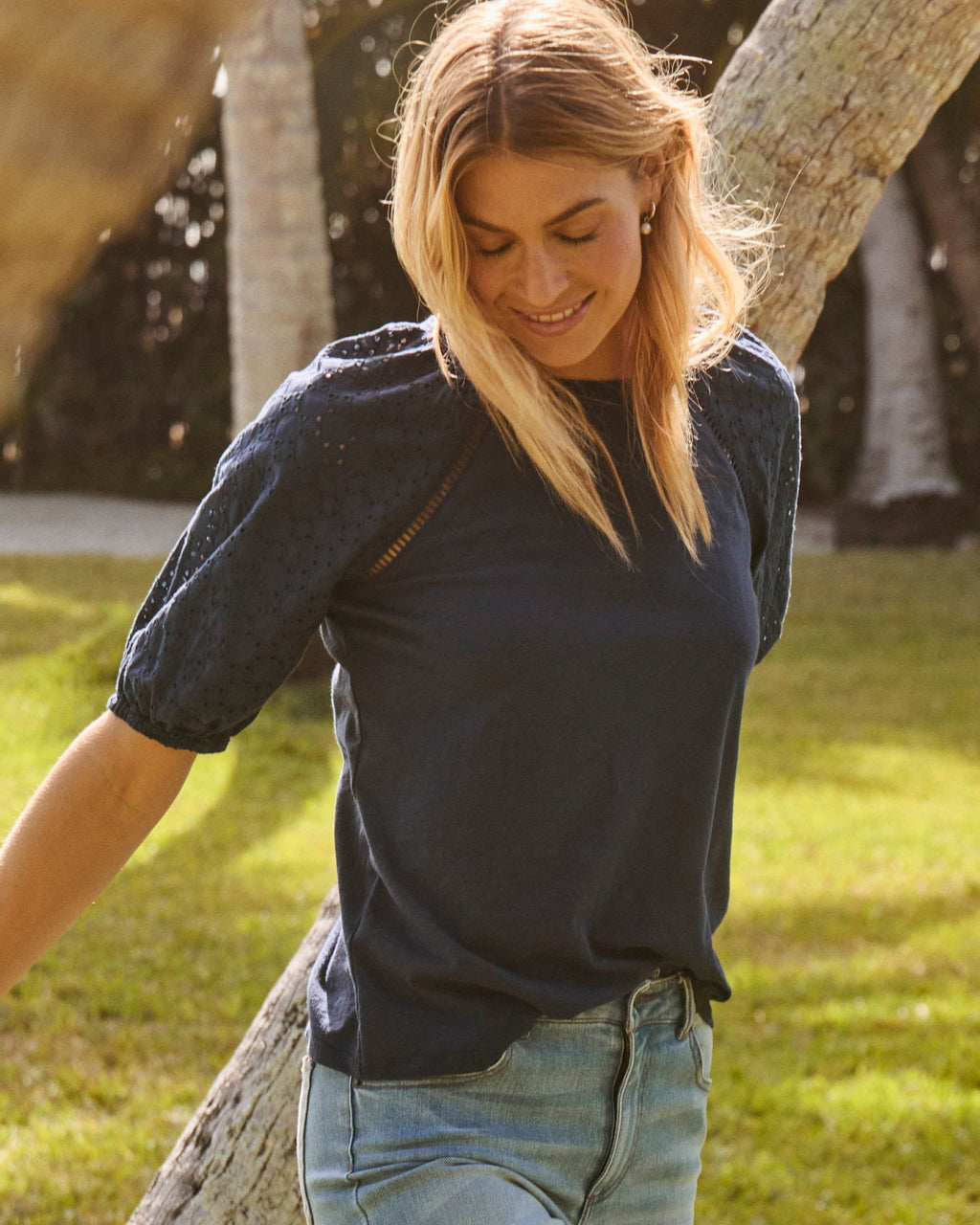 Johnnie-O Lydia Eyelet Puff Sleeve Blouse, Navy