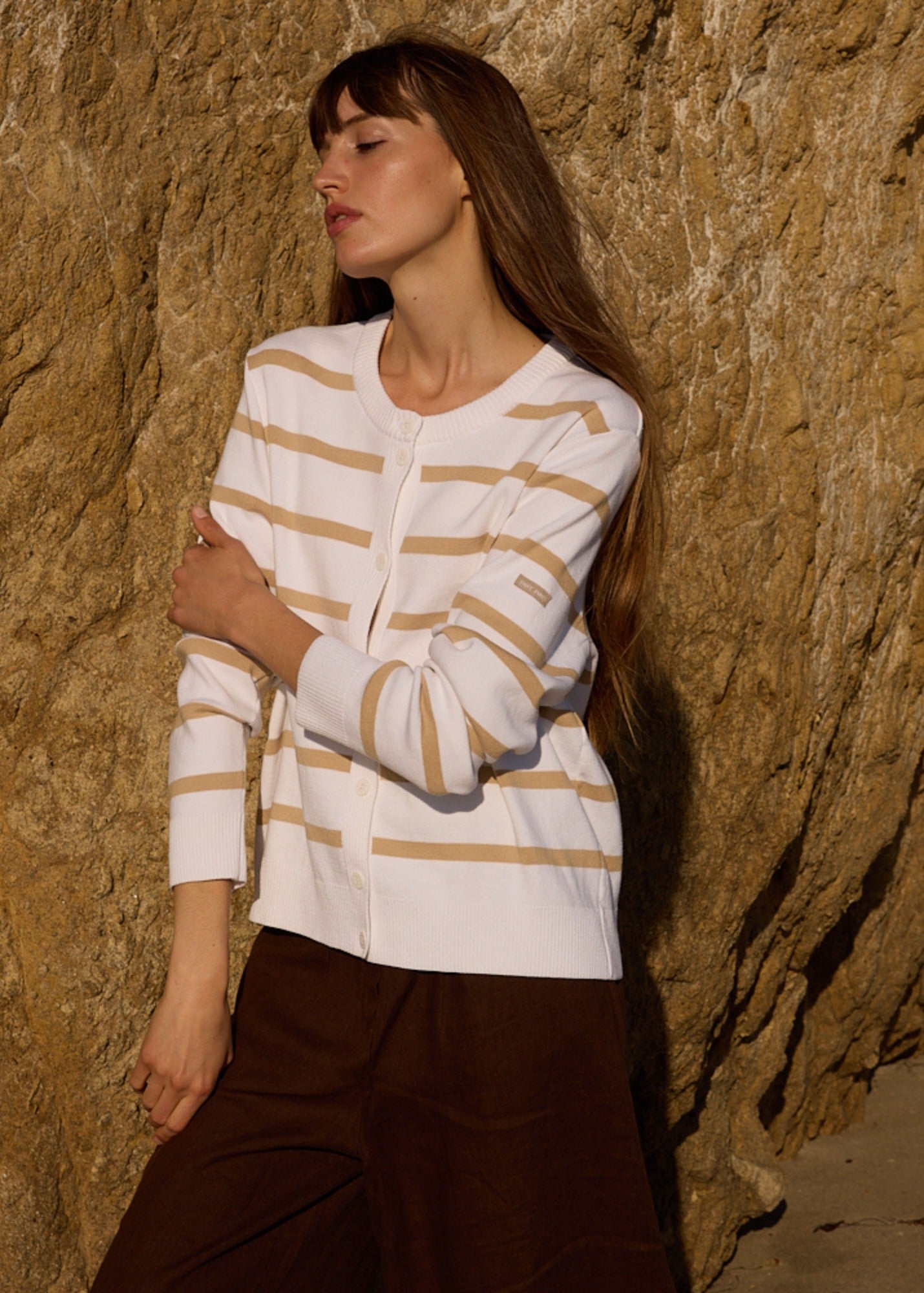Saint James PERPIGNAN Striped Buttoned Cardigan (WHITE / SAIL CANVAS)