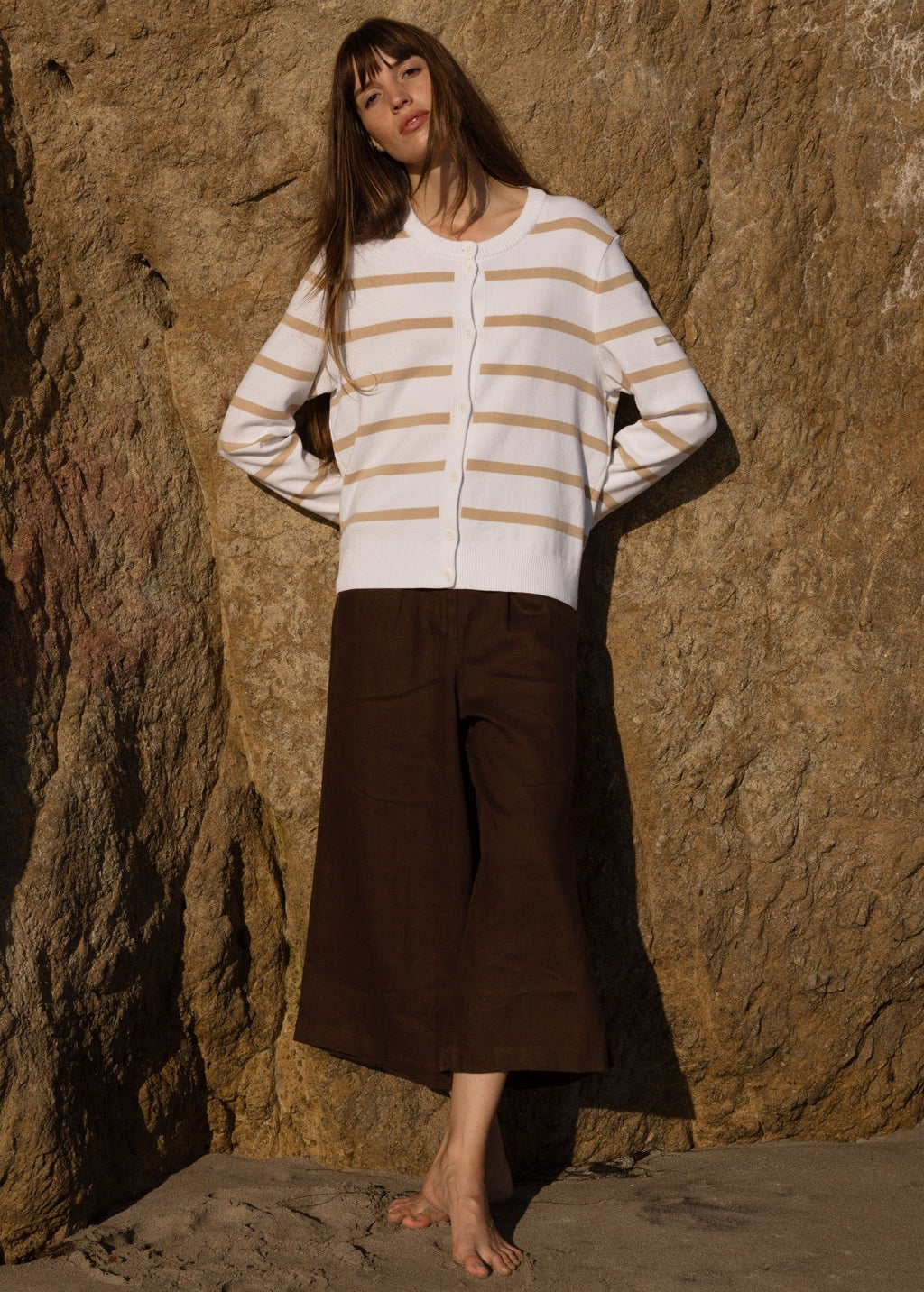 Saint James PERPIGNAN Striped Buttoned Cardigan (WHITE / SAIL CANVAS)