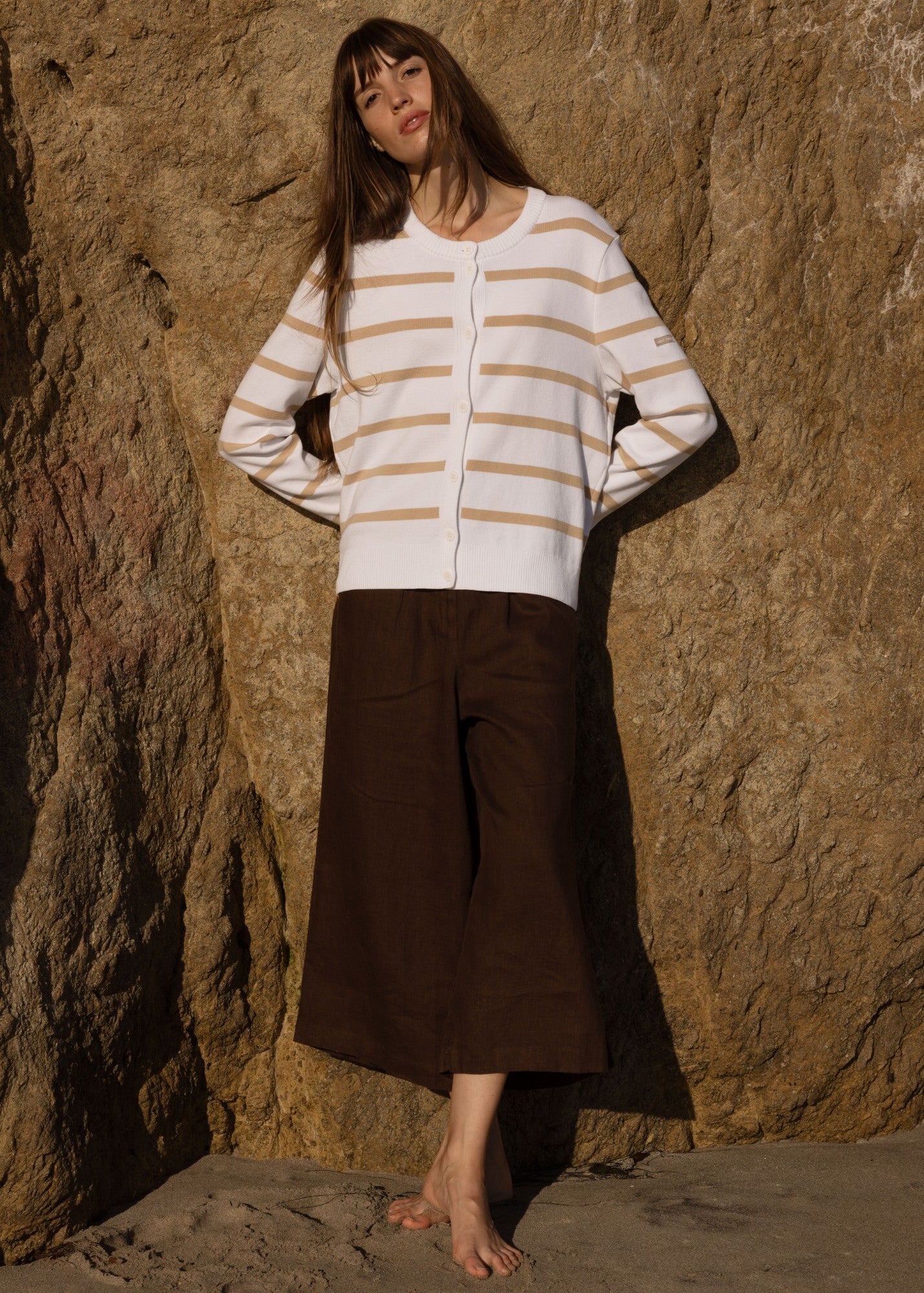 Saint James PERPIGNAN Striped Buttoned Cardigan (WHITE / SAIL CANVAS)
